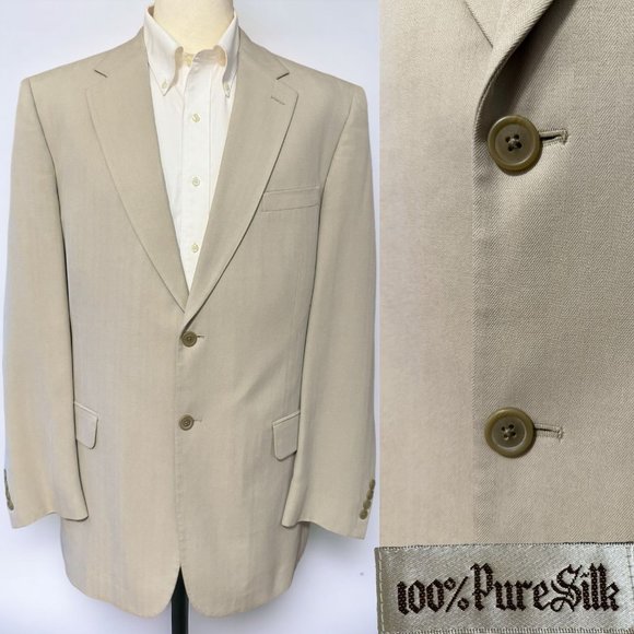 VTG 100% Silk Herringbone Blazer Men 44L Beige Two-Button Sport Coat Suit Jacket - Picture 1 of 15